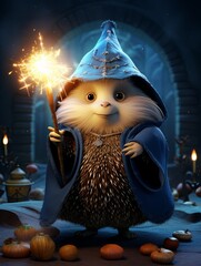 A magical hedgehog wizard holding a sparkler enchants a mystical library, surrounded by glowing pumpkins and ancient tomes. - obrazy, fototapety, plakaty