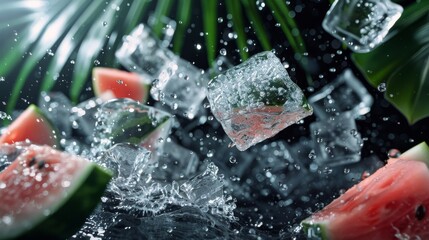 Watermelon with ice cubes on black background