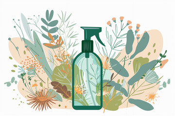 Fototapeta na wymiar A spray bottle made from recycled materials among green plants, eco-friendly or sustainability initiative. Skin Insect Spray.