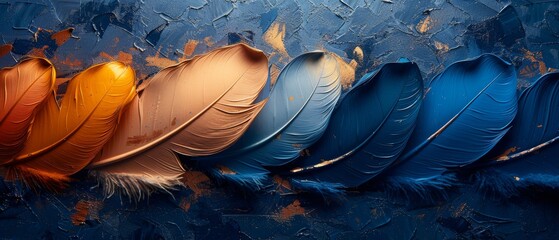 This is an abstract artistic background with vintage illustrations, feathers, blue, gold brushstrokes. A textured background is added to the background to create depth. It is an oil on canvas. Modern