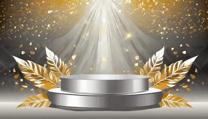 shining in elegance silver podium adorned with gold leaves on a glorious background perfect for celebrations greetings and festive occasions