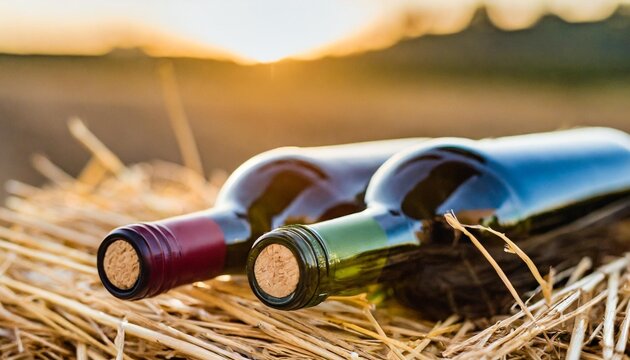 closeup shot of wineshelf bottles lay over straw