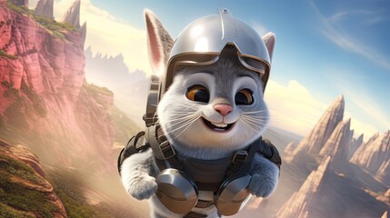 A cheerful animated cat wearing a pilot's helmet and goggles joyfully soars over breathtaking mountain canyons.
