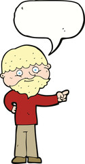 cartoon bearded man pointing with speech bubble