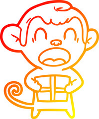 Fototapeta premium warm gradient line drawing shouting cartoon monkey carrying christmas gift