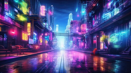 Colorful neon street with high buildings - obrazy, fototapety, plakaty