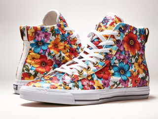 Sneakers with floral ornament on a white background - obrazy, fototapety, plakaty