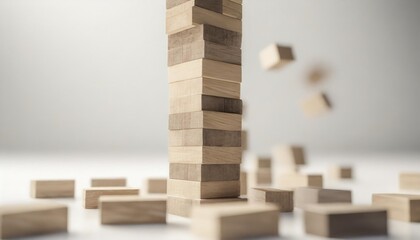 tower made of wooden blocks falling on white background
