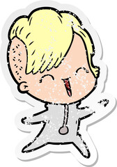 distressed sticker of a happy cartoon hipster girl