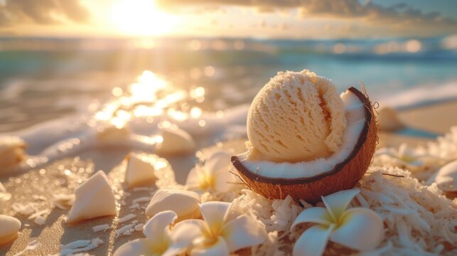 Food Photography of delicious coconut ice cream in coco shell on tropical beach with white flowers at sunset. Sweet background