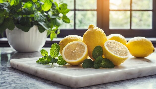 lemons and mint on marble board over kitchen window background