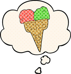 cartoon ice cream and thought bubble in comic book style
