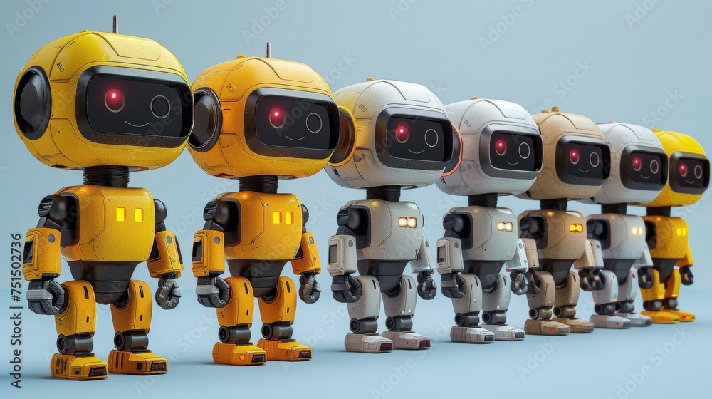 Poster ai concept flat vector illustration with isolated modern robots against blue background