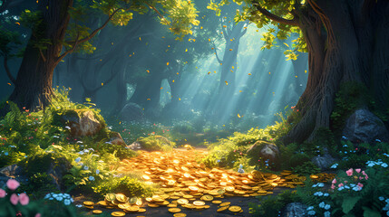 Fantasy Forest Scenery with Treasure Chests and Magical Artifacts - Digital Concept Art Generative Ai