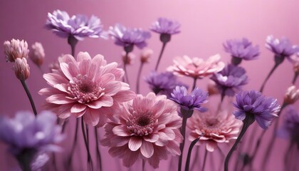 Naklejka na ściany i meble pink and purple flowers on a pink background spring aesthetic nature monochromatic floating concept