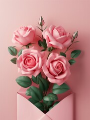 Lush pink roses seem to spring forth from a pink envelope, representing love, growth, and heartfelt messages