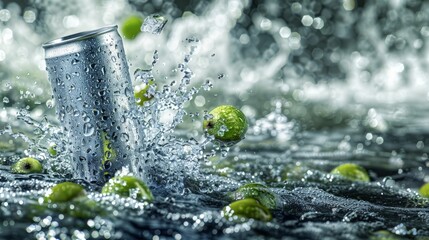 Aluminum can with green olives falling into water splashes on black background