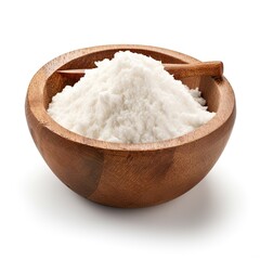 Coconut powder in a wooden bowl on white background