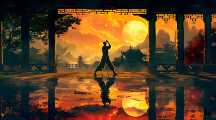 Illustration of a calm kung-fu master in a tranquil temple setting


