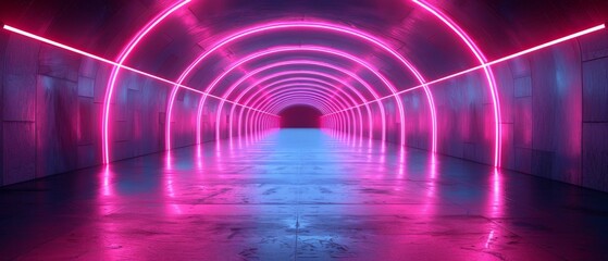 The LuminaTrance Nexus is an enchanting 3D rendered sci-fi tunnel. A dazzling display of high-tech neon lights illuminates the expansive emptiness on both sides.