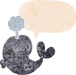 cute cartoon whale and speech bubble in retro textured style