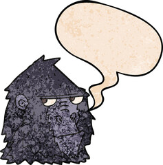 cartoon angry gorilla face and speech bubble in retro texture style