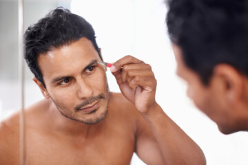 Eyebrow, hair removal and tweezers of man for maintenance, grooming and self care in bathroom...