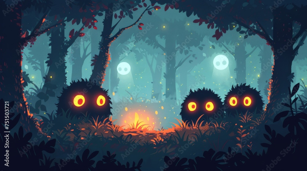 Wall mural Halloween night background with scary monsters in the forest. - Wall murals