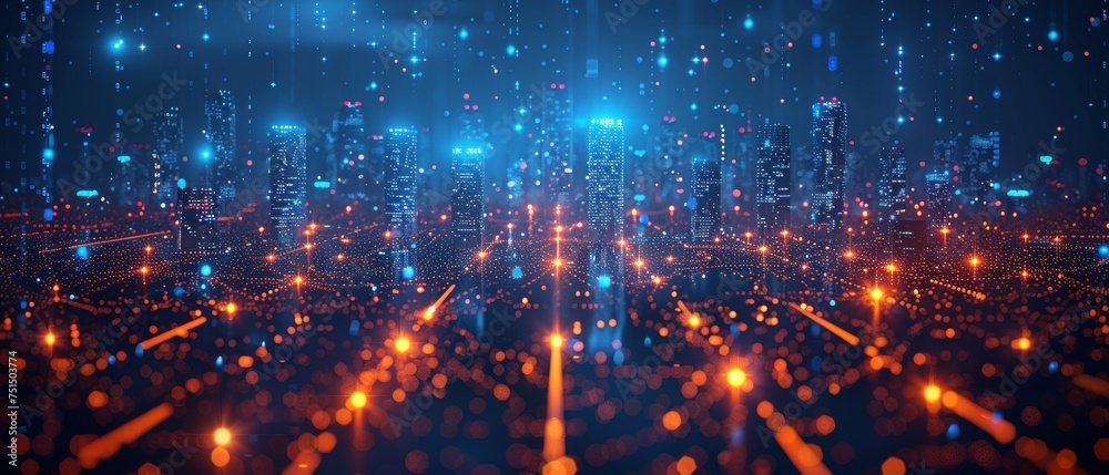 Poster Creating a smart city by connecting abstract polygon patterns with speed line lights, integrated with big data connection technologies.