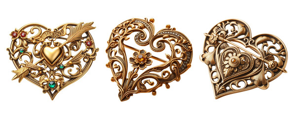 3 Old fashioned love brooch made of gold with intricate design isolate on transparent background - obrazy, fototapety, plakaty