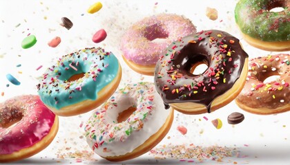 colourful decorated donuts falling in motion isolated on white background with sprinkling sweet confectionery and various doughnuts flying over white panorama banner clipping path