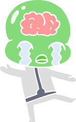 flat color style cartoon big brain alien crying
