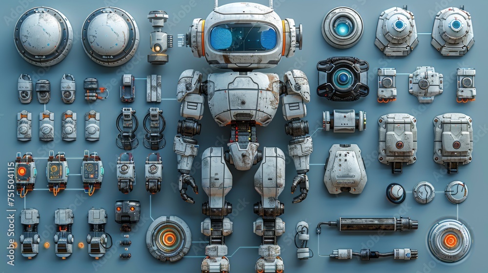 Aufkleber Set of cartoon android characters, futuristic machine constructors with different poses. Vector isolated futuristic cybernetic objects on blue background.