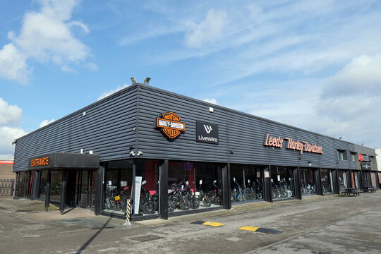 Leeds, UK 03 03 2024 Harley Davidson motorbike showroom in Leeds, beside the busy ring motorway, the A58(M)
