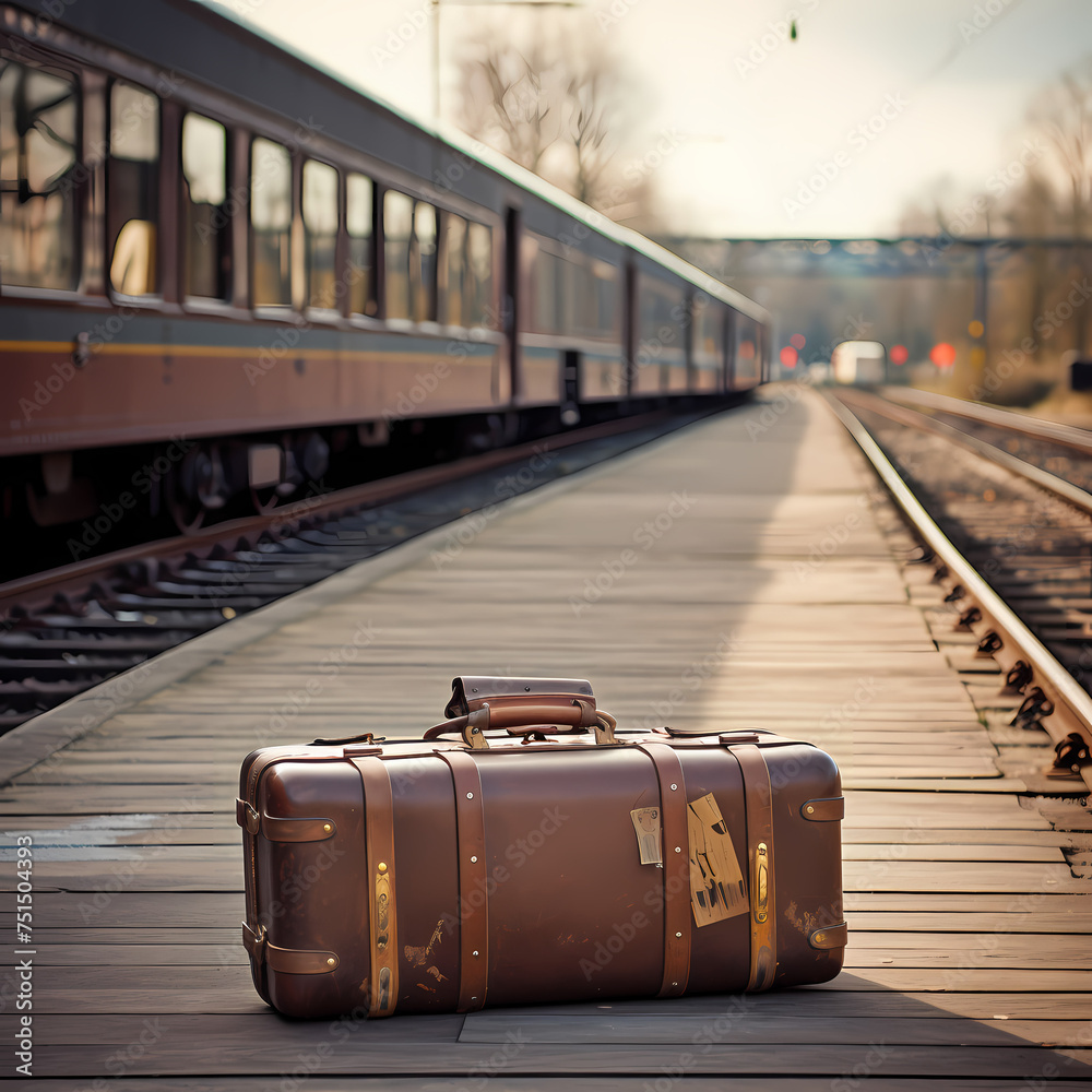 Wall mural Vintage suitcase on a train platform.