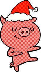 happy comic book style illustration of a pig dancing wearing santa hat