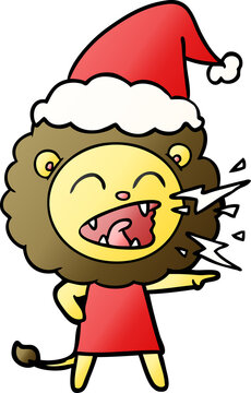 gradient cartoon of a roaring lion girl wearing santa hat