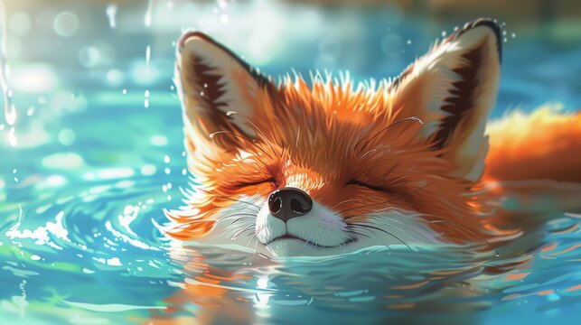 Funny fox swimming in the pool. Digital painting.