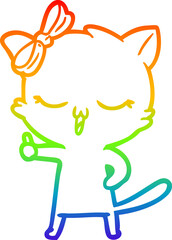 rainbow gradient line drawing cartoon cat with bow on head
