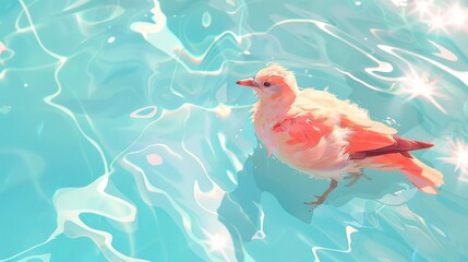 Bird in swimming pool with water reflection and bokeh light