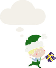 cartoon happy christmas elf and thought bubble in retro style
