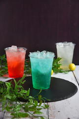 All slush flavours mint lemon , blueberry, cherry slush