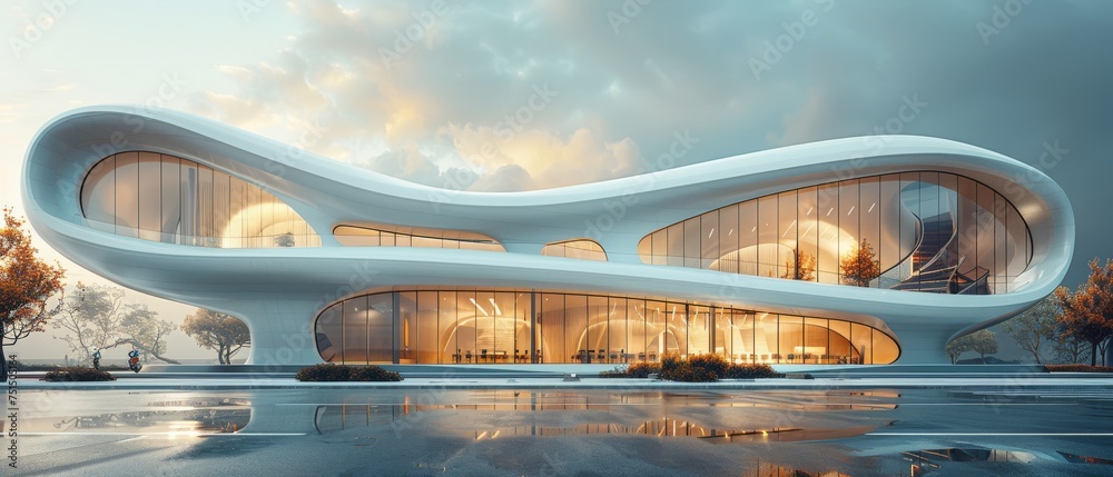 Leinwandbilder rendering of an office building with curve glass windows, taken from a low angle...