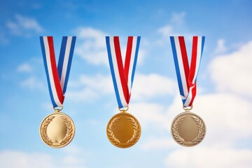 Gold, silver, and bronze medals with tricolor ribbons against a cloudy sky.