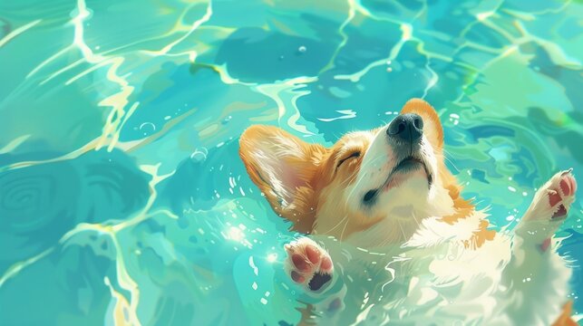 Happy Welsh Corgi in the swimming pool enjoying summer holiday. 