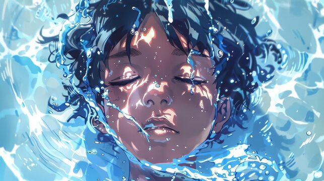 Boy swimming in a pool with splashes of water. Anime style
