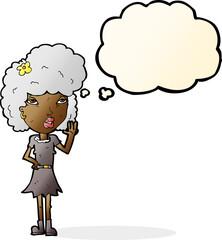cartoon woman waving with thought bubble
