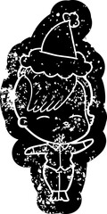cartoon distressed icon of a squinting girl wearing santa hat