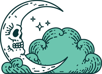 tattoo style icon of a skull crescent moon and clouds