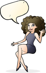 cartoon sitting woman waving with speech bubble